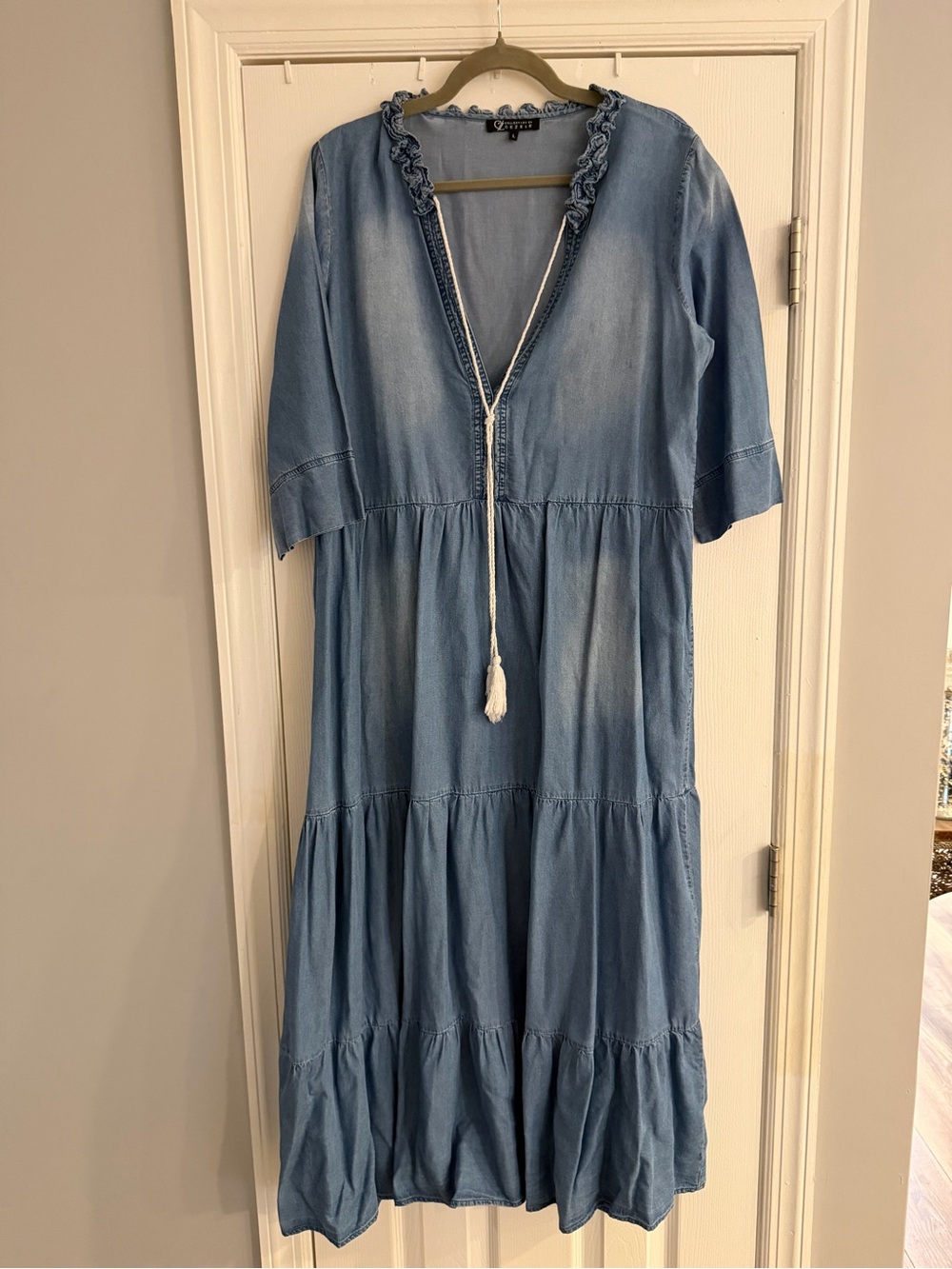 Light Denim Coastal Maxi Dress with Tassel Tie